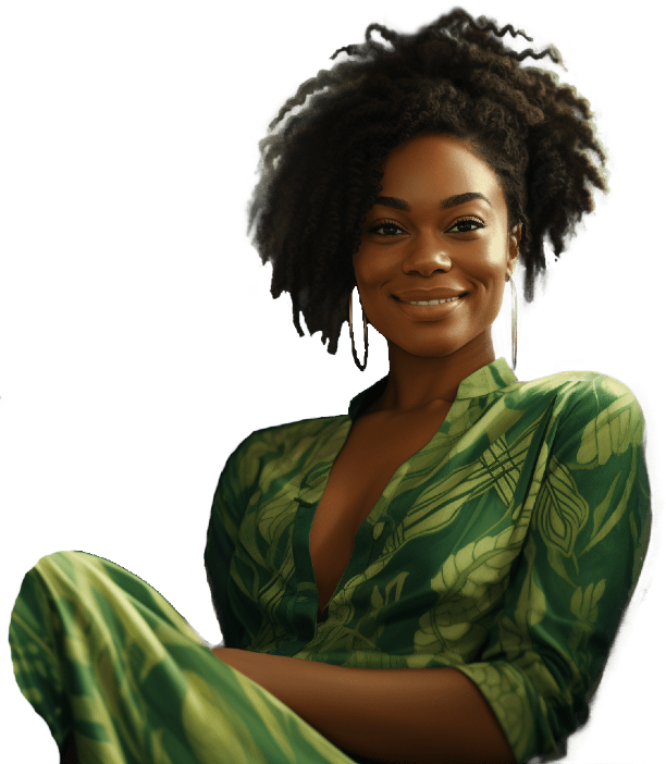 Uma mulher sorridente e confiante com cabelos afro volumosos e escuros olha diretamente para a câmera, emanando uma aura de liderança. Seu olhar determinado e postura ereta sugerem que ela é alguém de decisão e influência. Ela tem uma expressão alegre e amigável em seu rosto, combinada com um ar de autoridade que inspira respeito. Está usando um vestido ou blusa de cor verde com estampas de folhas e formas geométricas. O tecido tem um decote em V e mostra parte de seu colo, ressaltando sua elegância. A mulher também usa brincos circulares prateados, um sutil aceno à sua atenção aos detalhes. A imagem possui um fundo escuro, destacando-a e solidificando sua presença dominante na cena